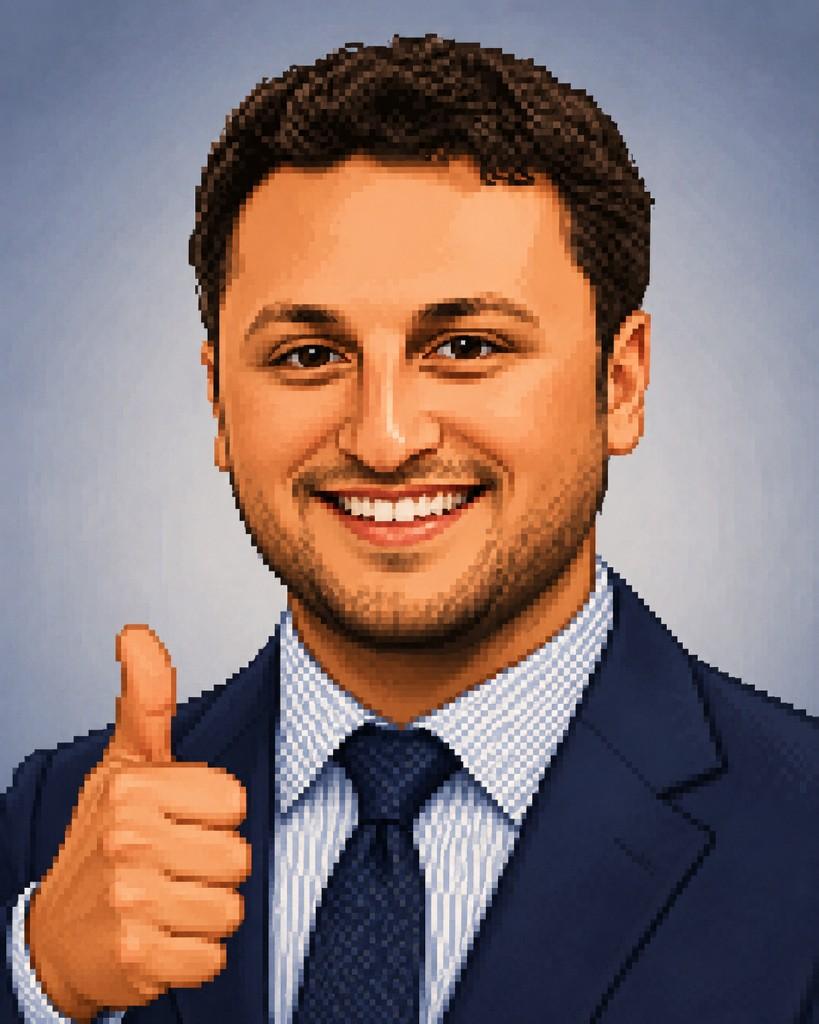Pixel art portrait of Kian Kamshad giving a thumbs up
