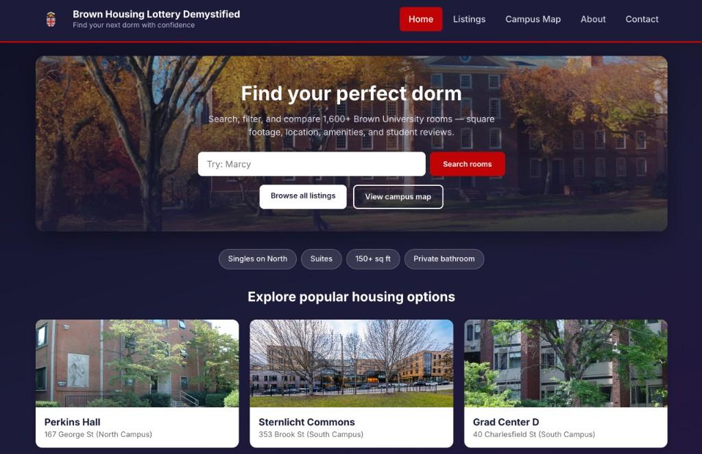 Brown Housing Lottery Demystified homepage with search, filters, and popular dorm listings