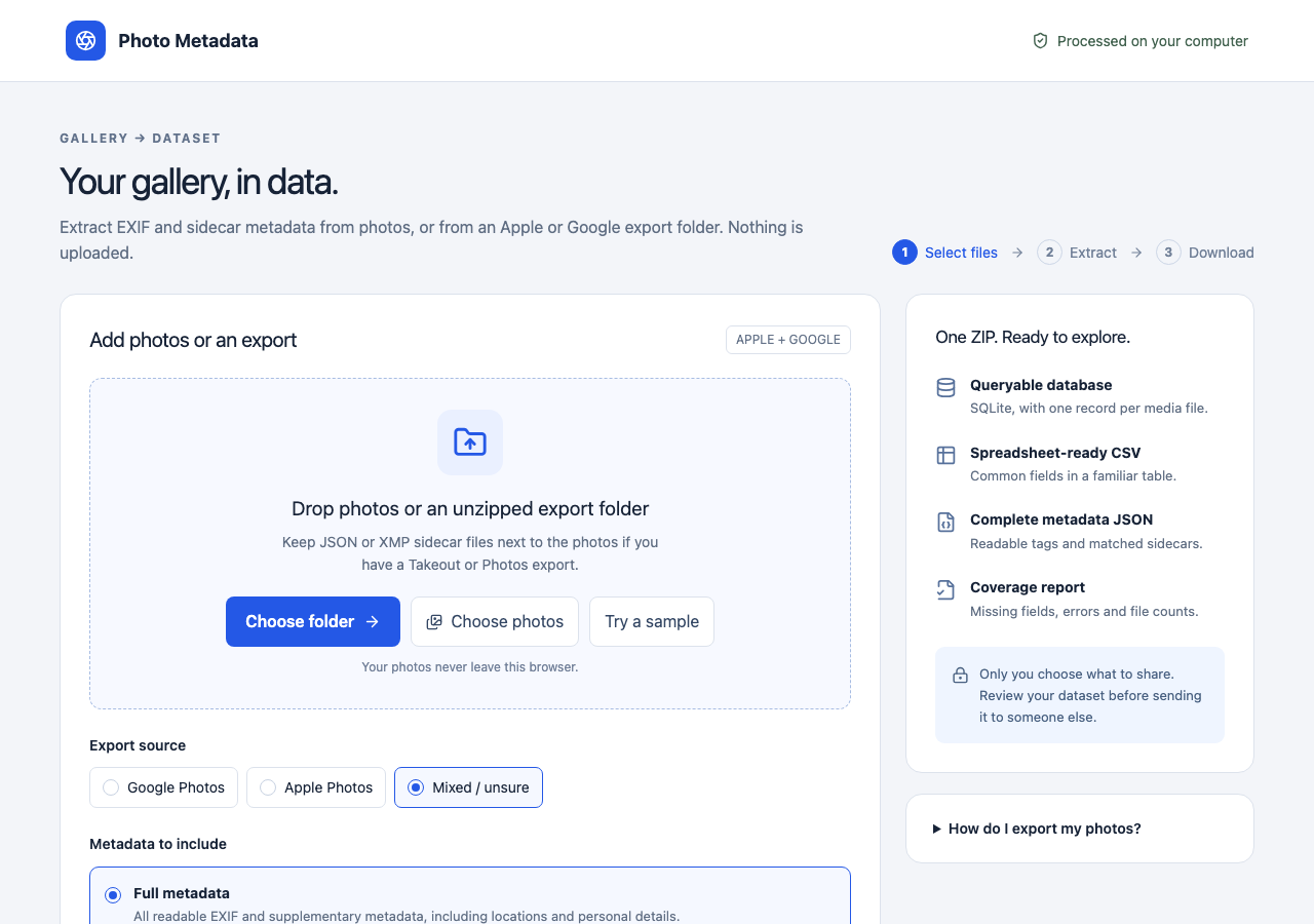 Photo Metadata Collector homepage with local folder drop zone and export options