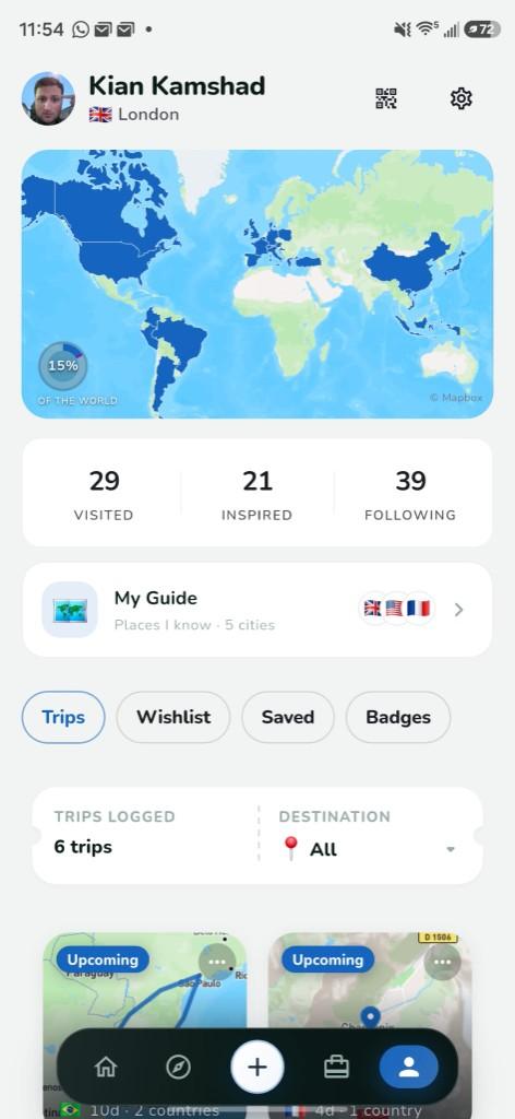 Trace profile screen showing visited countries map, travel stats, My Guide, and upcoming trips