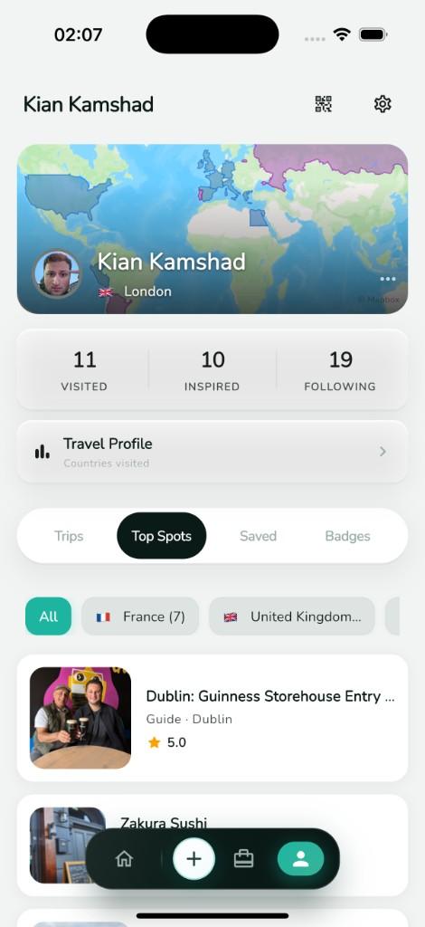 Trace app profile screen showing visited countries map, travel stats, and top spots